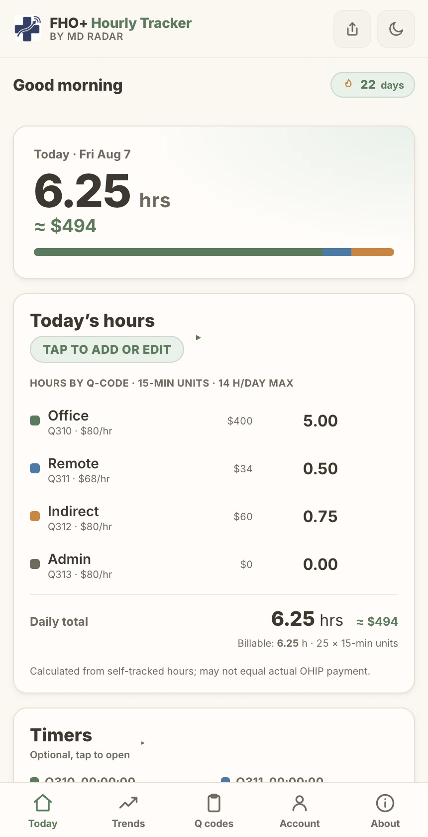 The FHO+ hours tracker on a phone, showing the day's hours logged across Q310, Q311 and Q312 with the direct-to-indirect bar